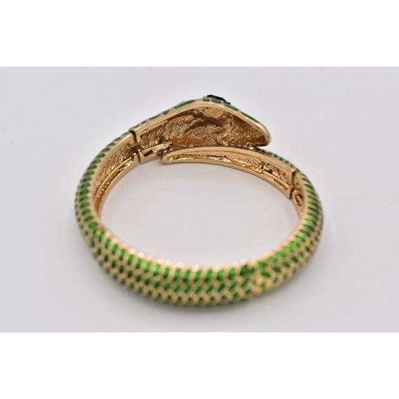 Vintage Green Enamel Snake Bracelet Rhinestone Eyes Hinged Gold Serpent 90s BinO - Picture 11 of 12